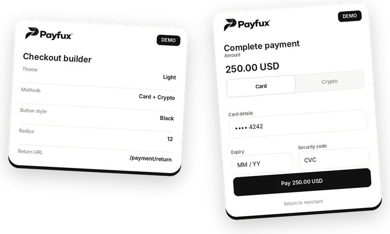 Illustrative Payfux checkout brand controls beside the resulting demo payment view