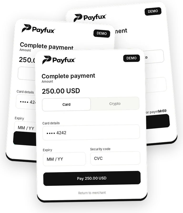 Layered illustrative Payfux card and crypto checkout views marked as demo