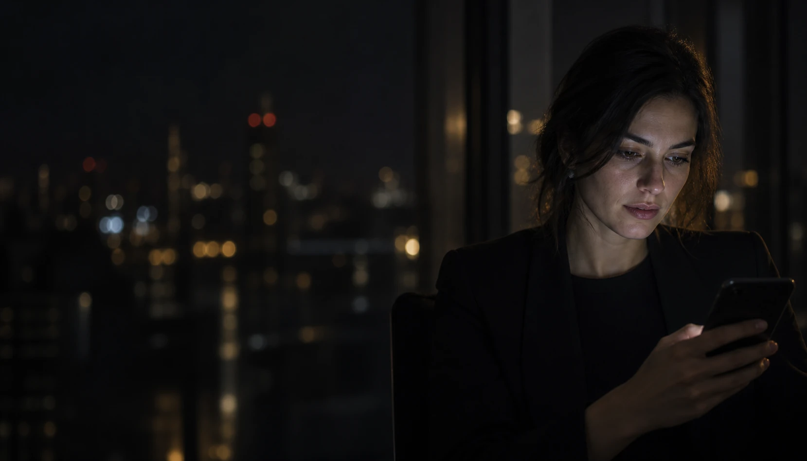Business operator checking a phone in a softly lit evening workspace