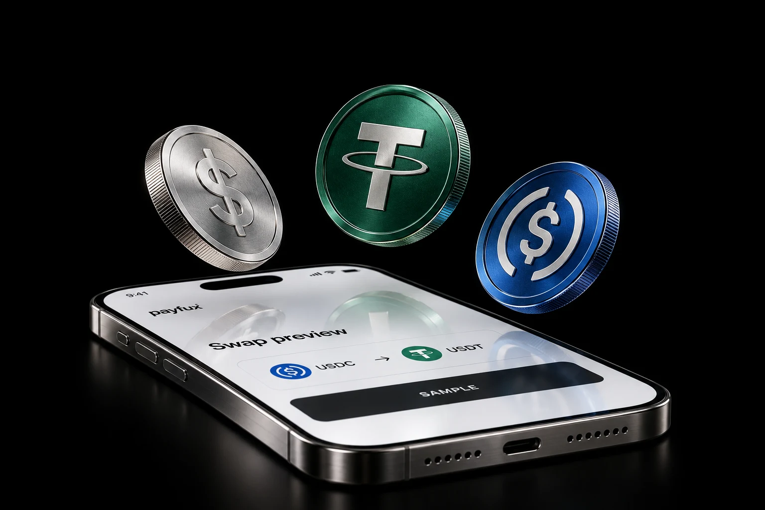 Three realistic metal token sculptures floating above a phone displaying an illustrative Payfux swap preview