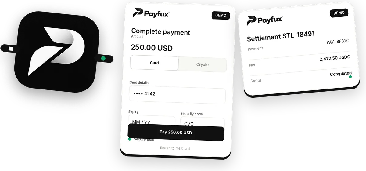 Illustrative Payfux gateway, demo checkout and completed demo settlement