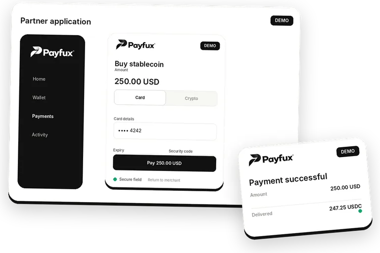 Illustrative Payfux hosted payment widget with a clearly marked demo checkout state