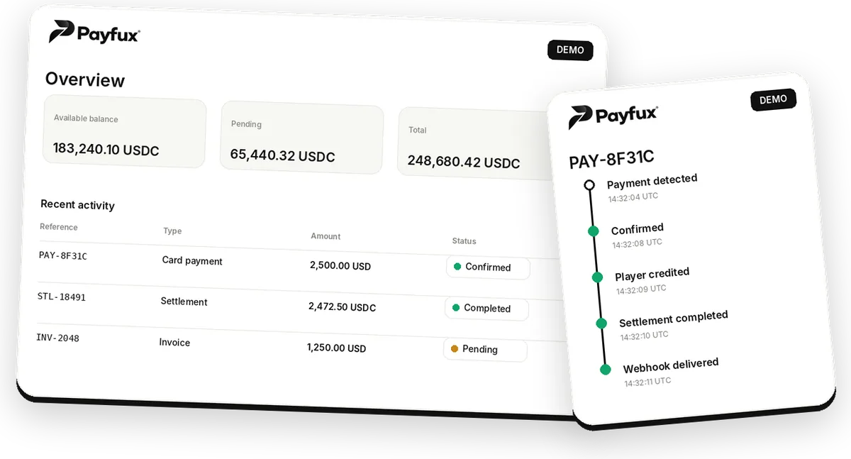 Illustrative Payfux operator overview with demo payment PAY-8F31C selected