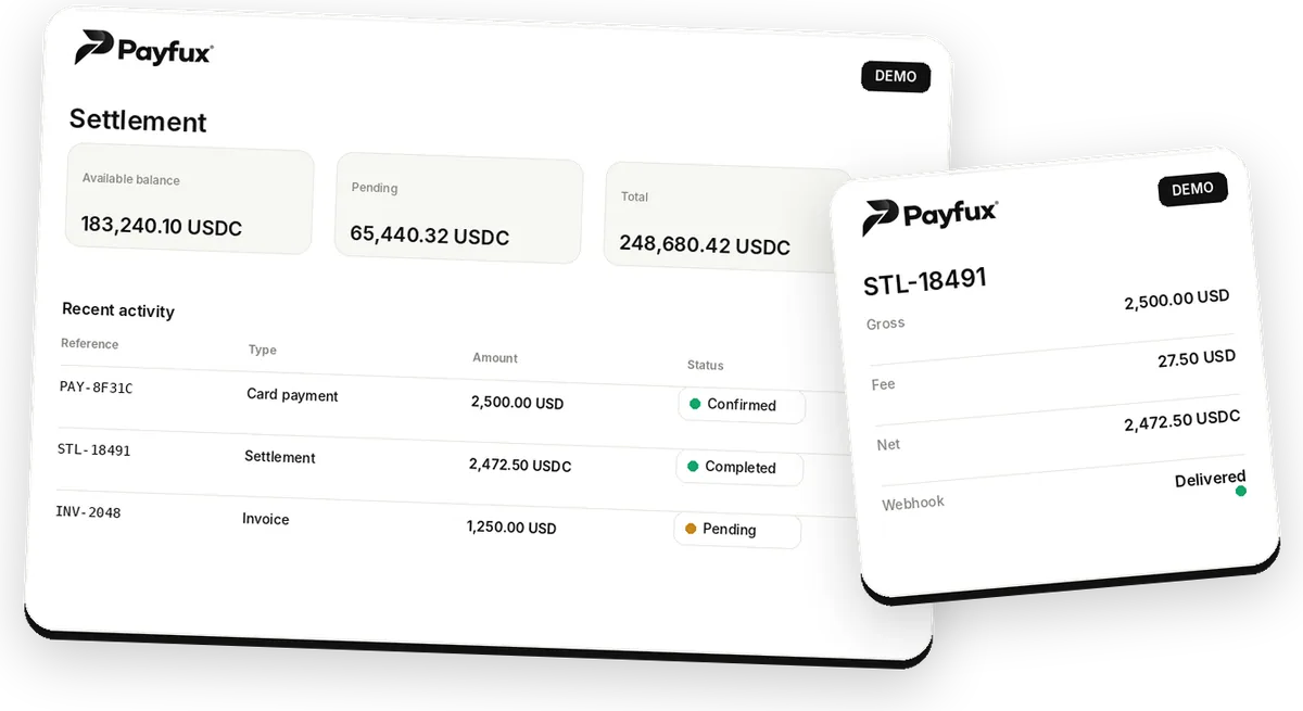 Illustrative Payfux settlement view with a selected demo reconciliation record