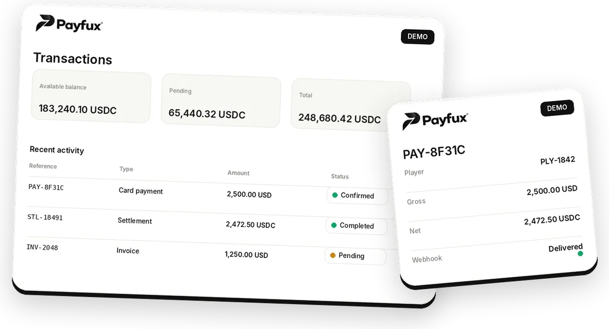 Illustrative Payfux transaction search with demo payment PAY-8F31C linked to player PLY-1842