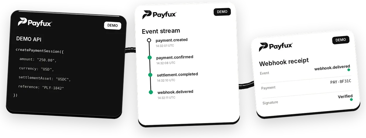 Illustrative Payfux request, event stream and webhook receipt marked as demo