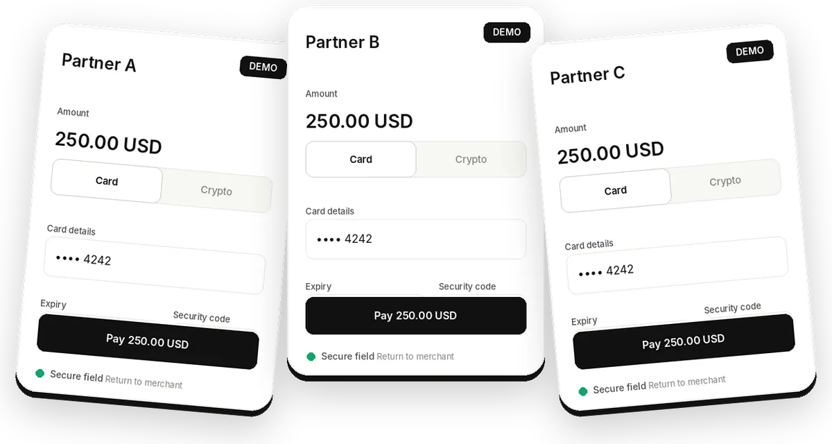 Illustrative Payfux white-label checkout variants shown as demo interfaces